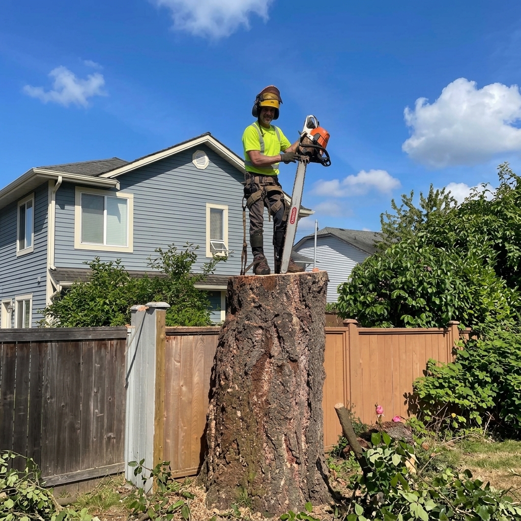 Able Tree Services crew and bucket truck on a job site